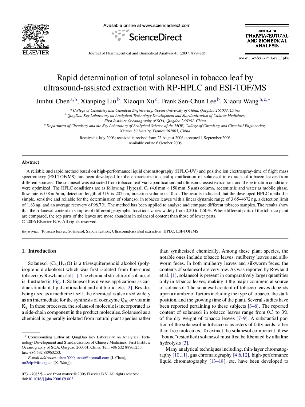 Rapid determination of total solanesol in tobacco leaf by ultrasound-assisted extraction with RP-HPLC and ESI-TOF/MS