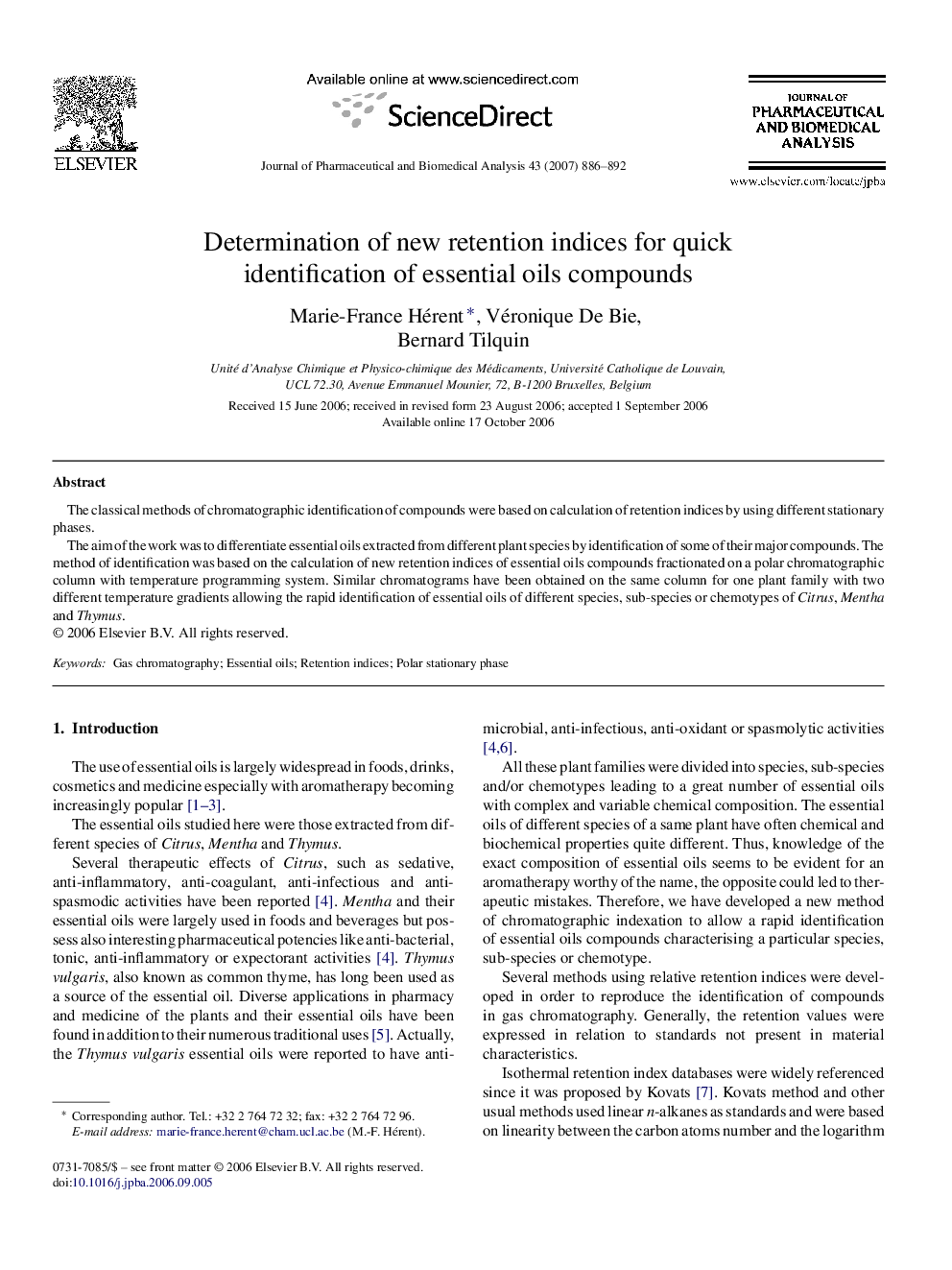 Determination of new retention indices for quick identification of essential oils compounds