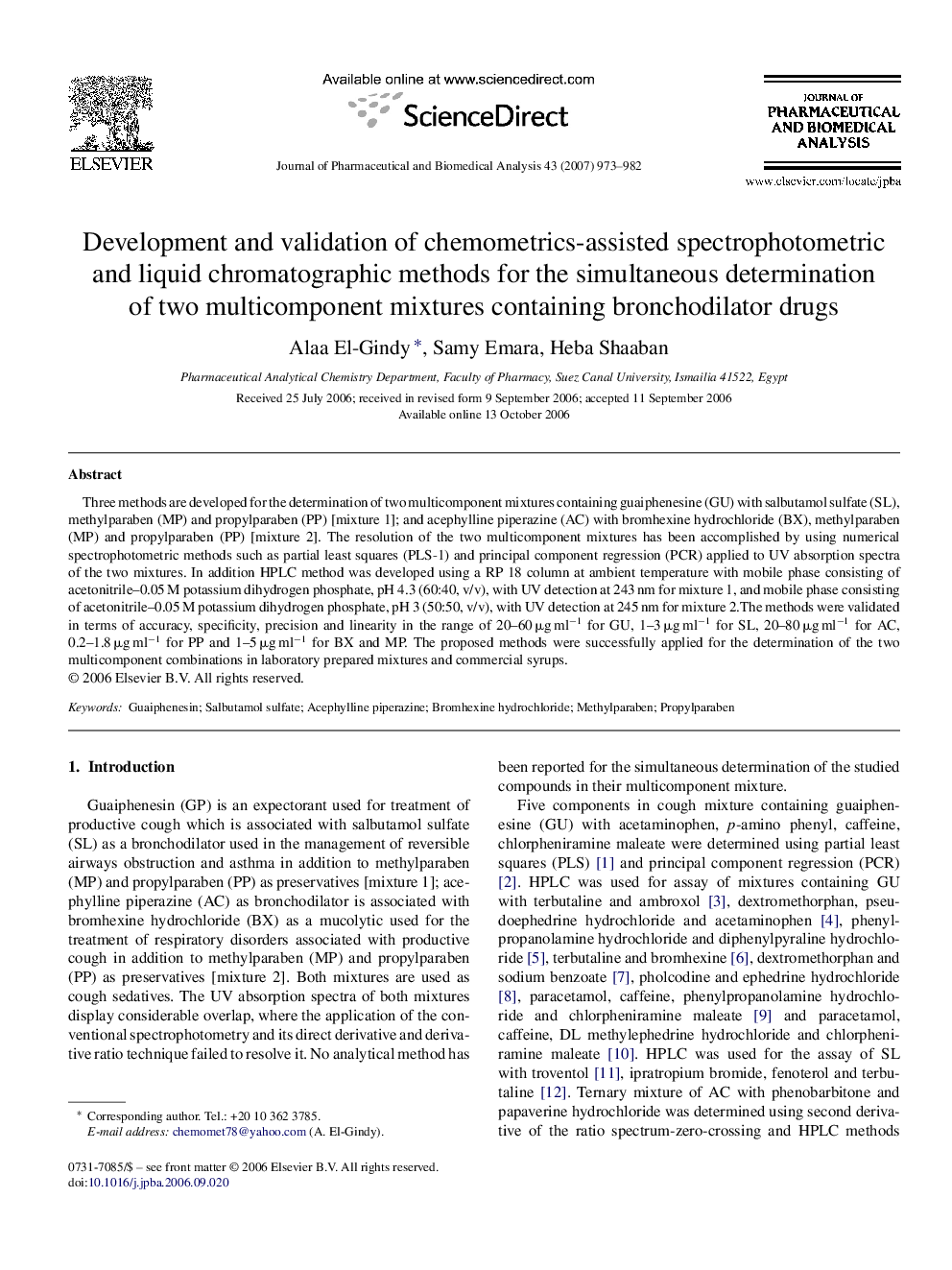 Development and validation of chemometrics-assisted spectrophotometric and liquid chromatographic methods for the simultaneous determination of two multicomponent mixtures containing bronchodilator drugs