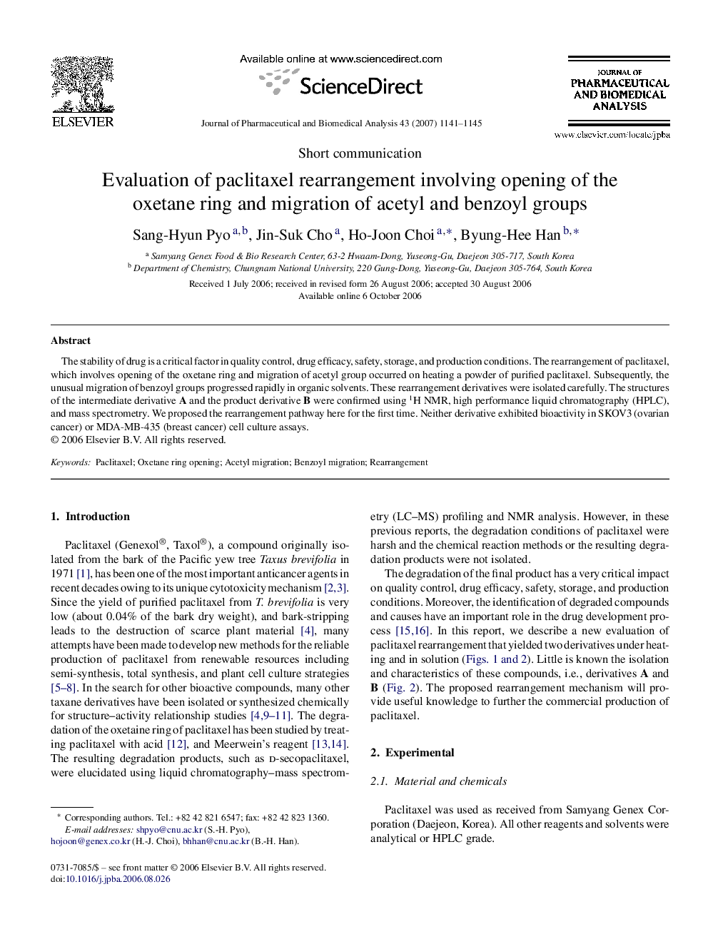 Evaluation of paclitaxel rearrangement involving opening of the oxetane ring and migration of acetyl and benzoyl groups