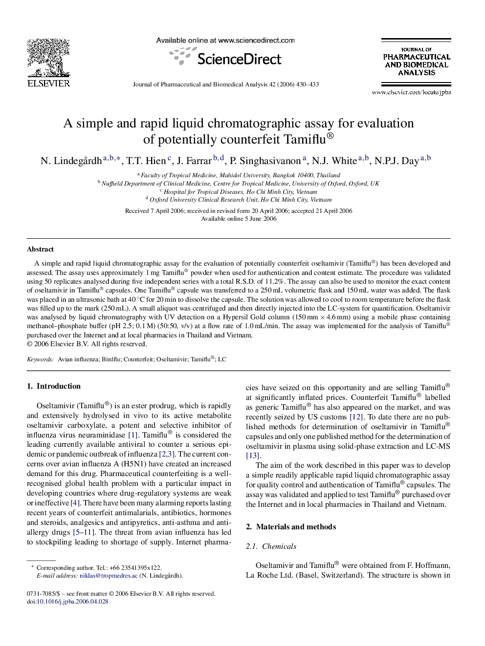 A simple and rapid liquid chromatographic assay for evaluation of potentially counterfeit Tamiflu®