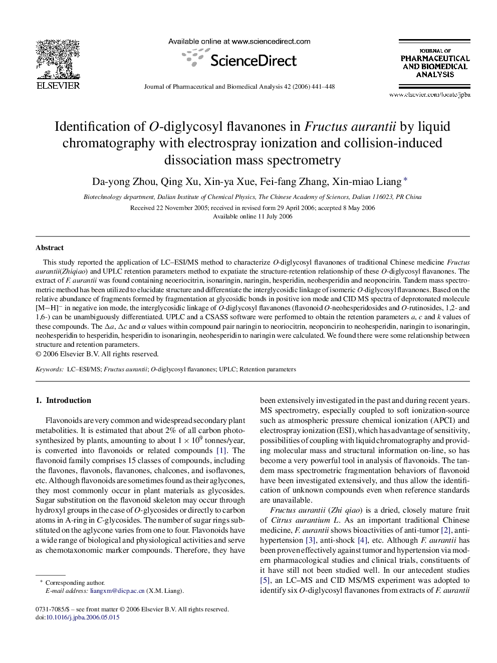 Identification of O-diglycosyl flavanones in Fructus aurantii by liquid chromatography with electrospray ionization and collision-induced dissociation mass spectrometry