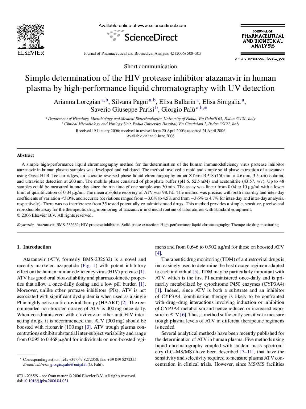 Simple determination of the HIV protease inhibitor atazanavir in human plasma by high-performance liquid chromatography with UV detection