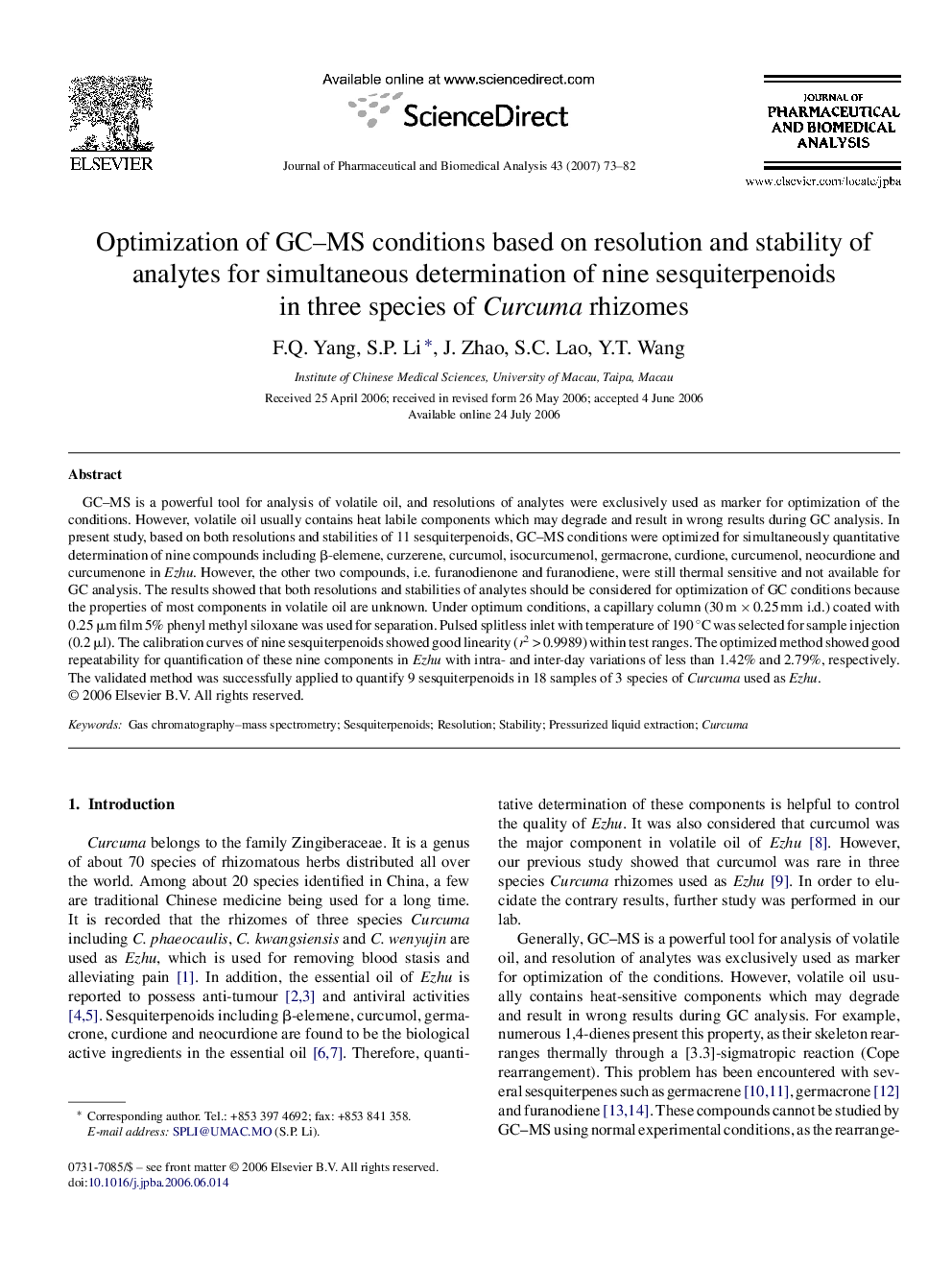 Optimization of GC–MS conditions based on resolution and stability of analytes for simultaneous determination of nine sesquiterpenoids in three species of Curcuma rhizomes