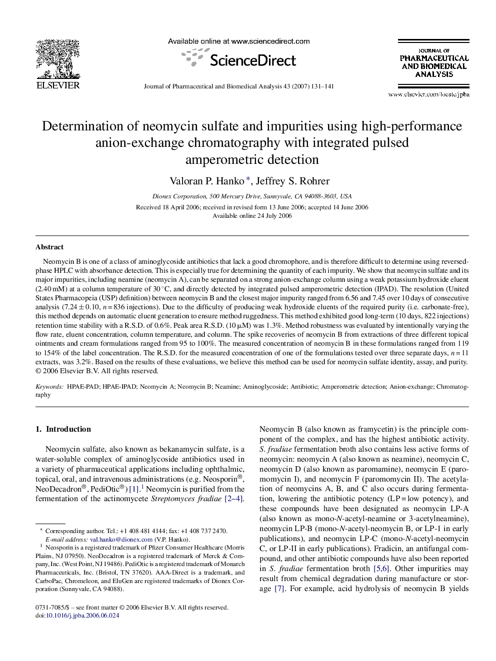 Determination of neomycin sulfate and impurities using high-performance anion-exchange chromatography with integrated pulsed amperometric detection