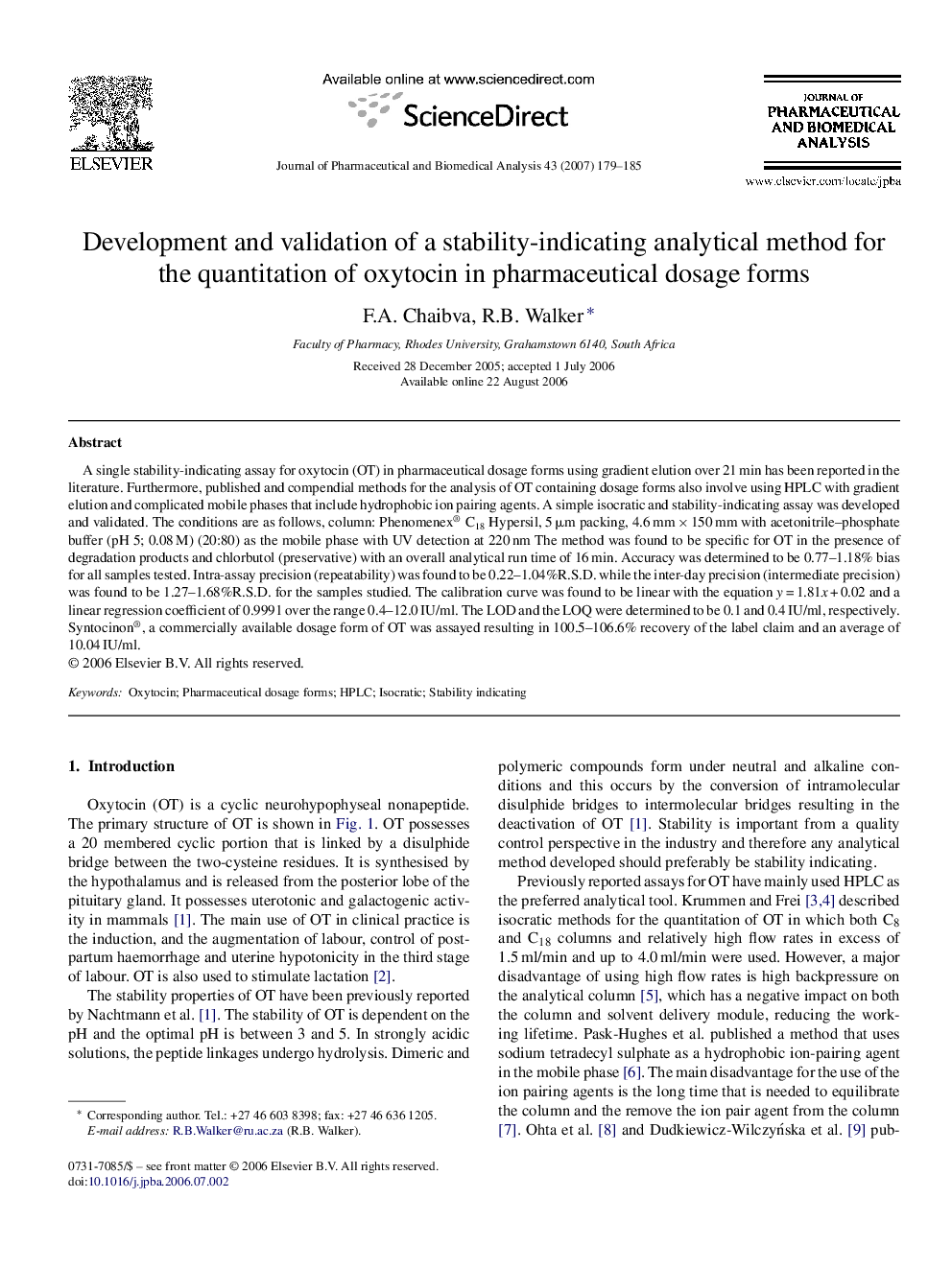 Development and validation of a stability-indicating analytical method for the quantitation of oxytocin in pharmaceutical dosage forms