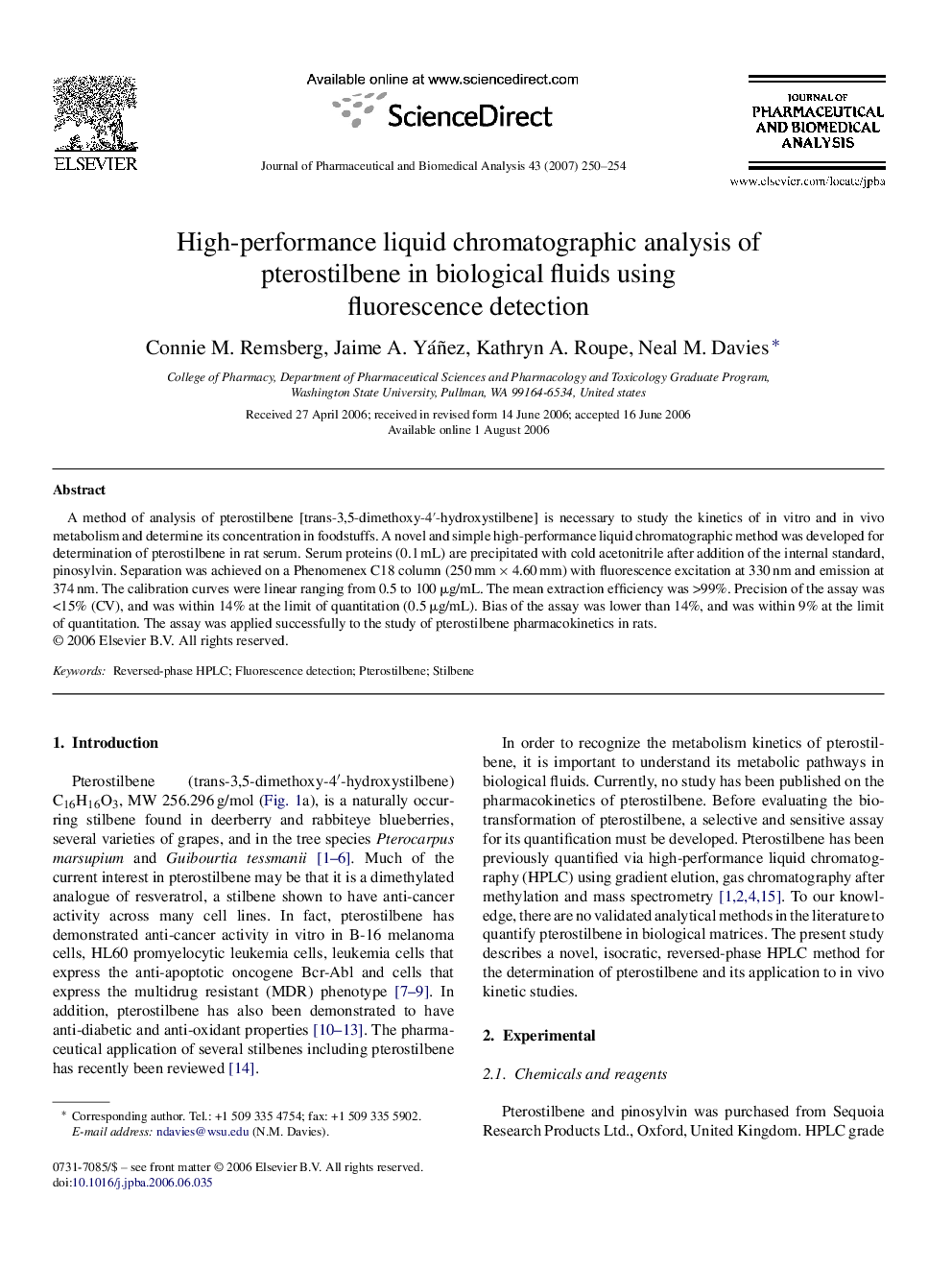 High-performance liquid chromatographic analysis of pterostilbene in biological fluids using fluorescence detection