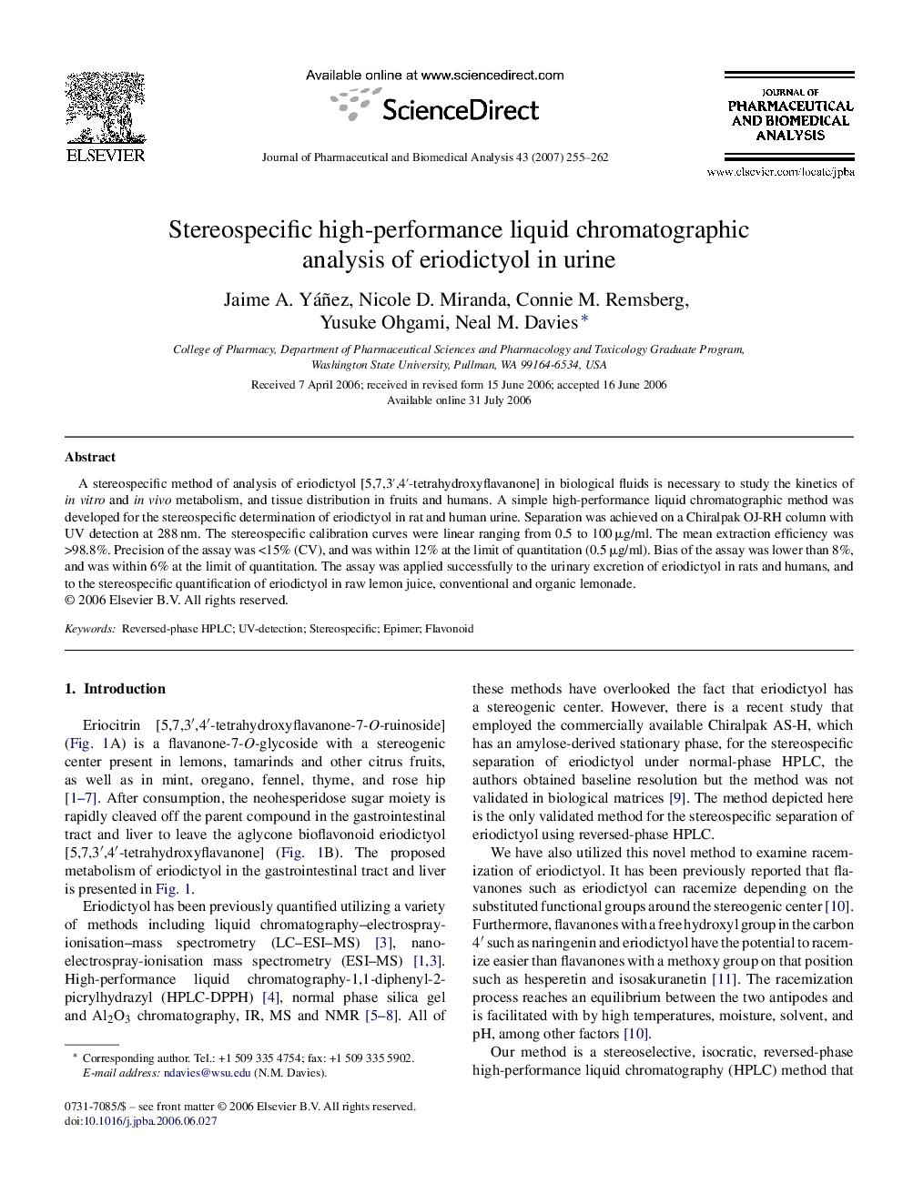 Stereospecific high-performance liquid chromatographic analysis of eriodictyol in urine