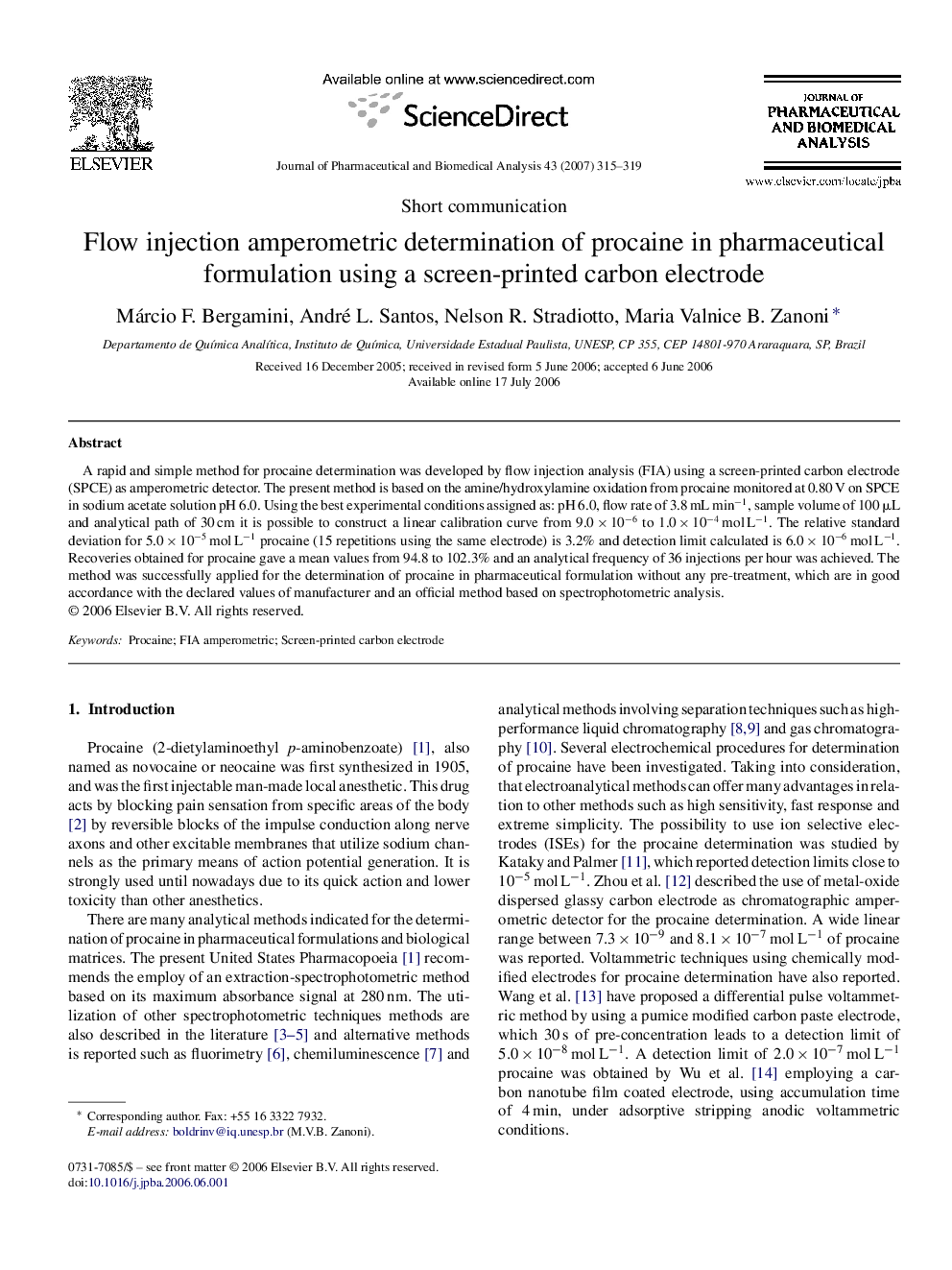 Flow injection amperometric determination of procaine in pharmaceutical formulation using a screen-printed carbon electrode