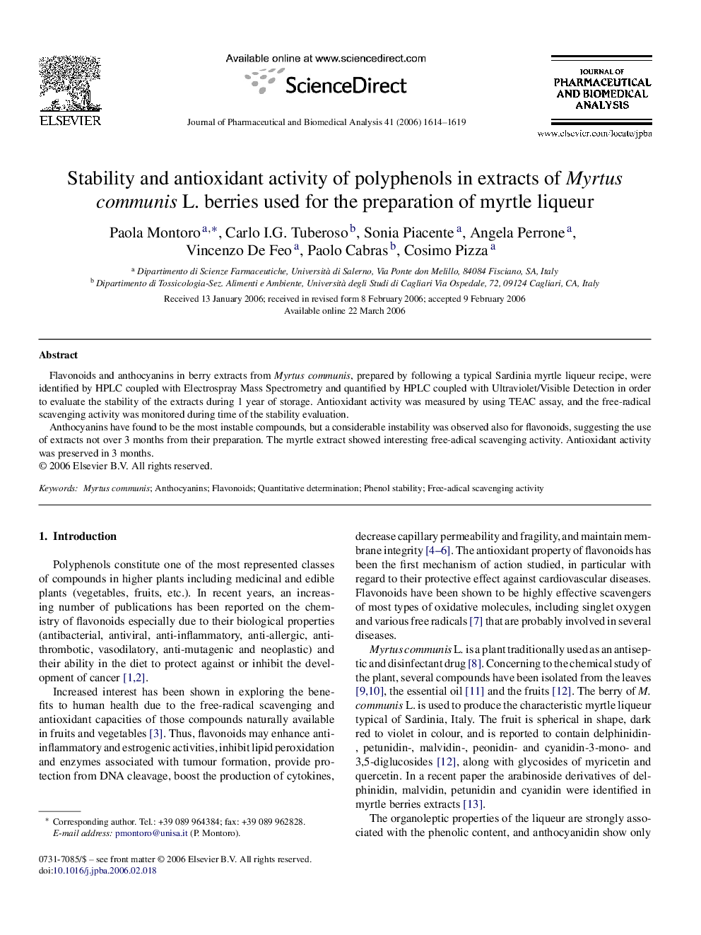 Stability and antioxidant activity of polyphenols in extracts of Myrtus communis L. berries used for the preparation of myrtle liqueur