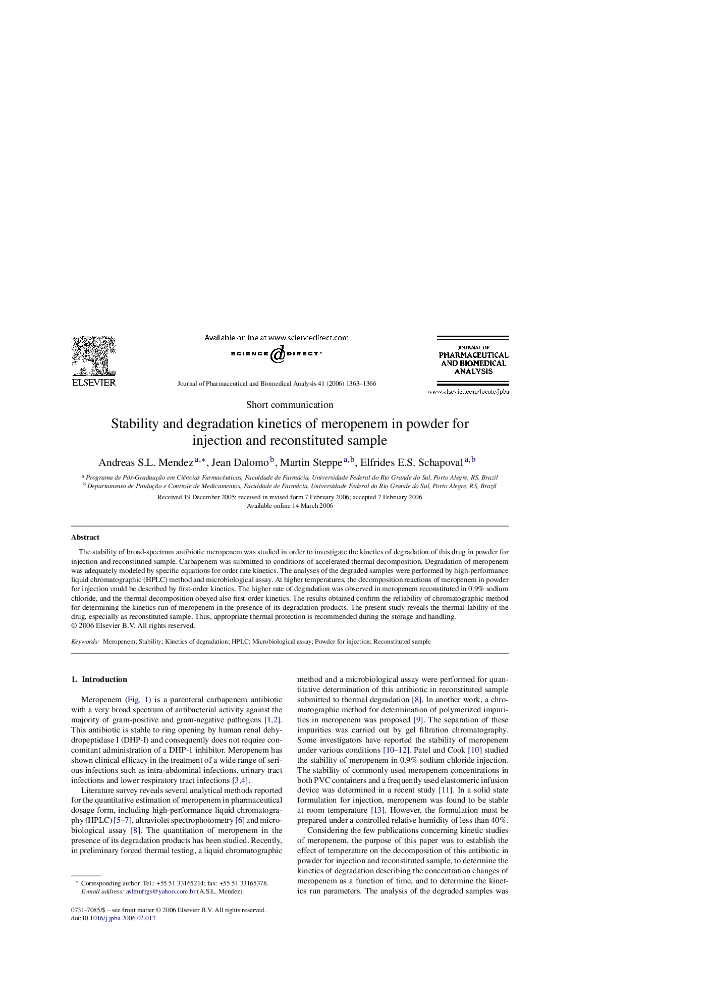 Stability and degradation kinetics of meropenem in powder for injection and reconstituted sample