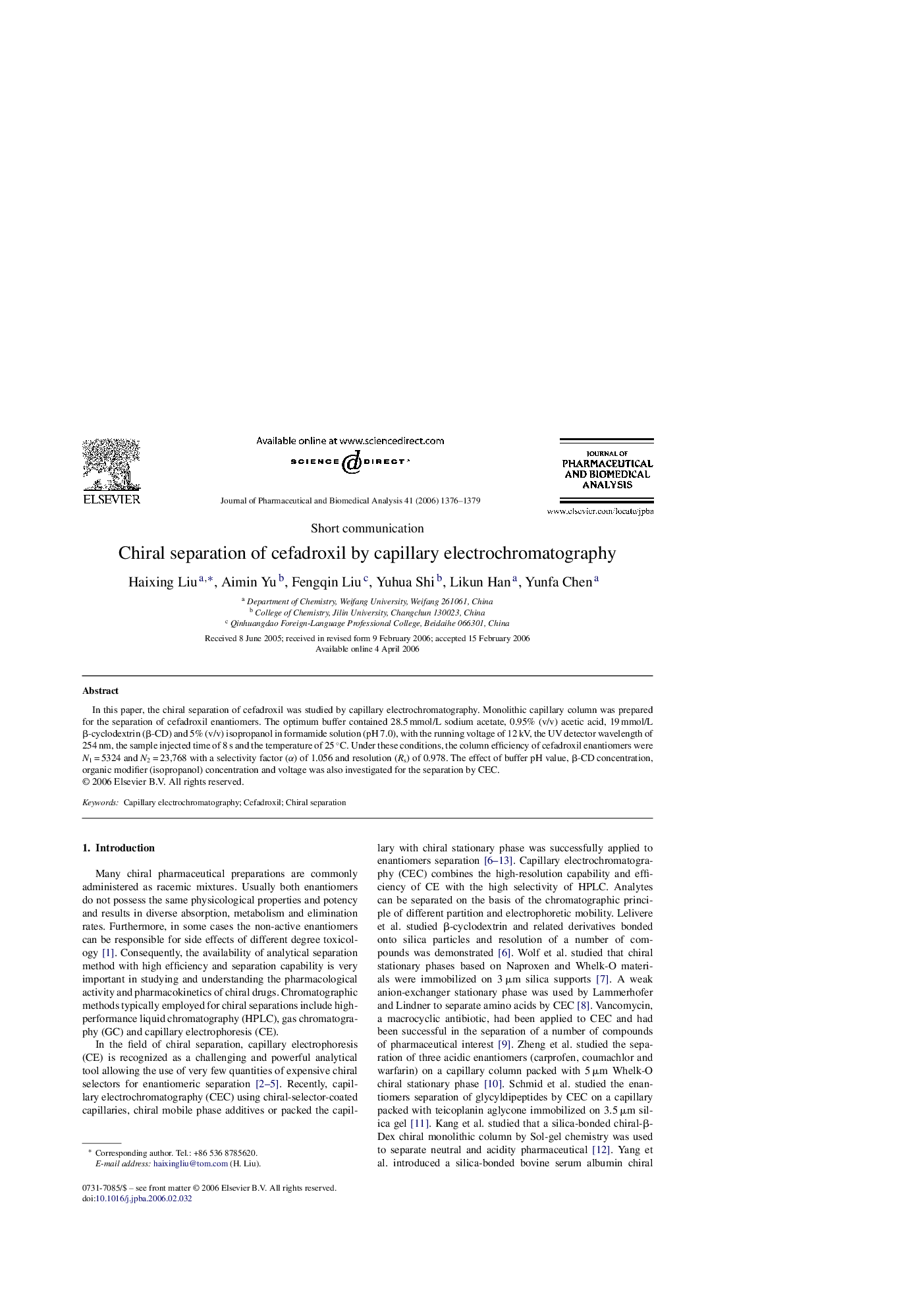 Chiral separation of cefadroxil by capillary electrochromatography