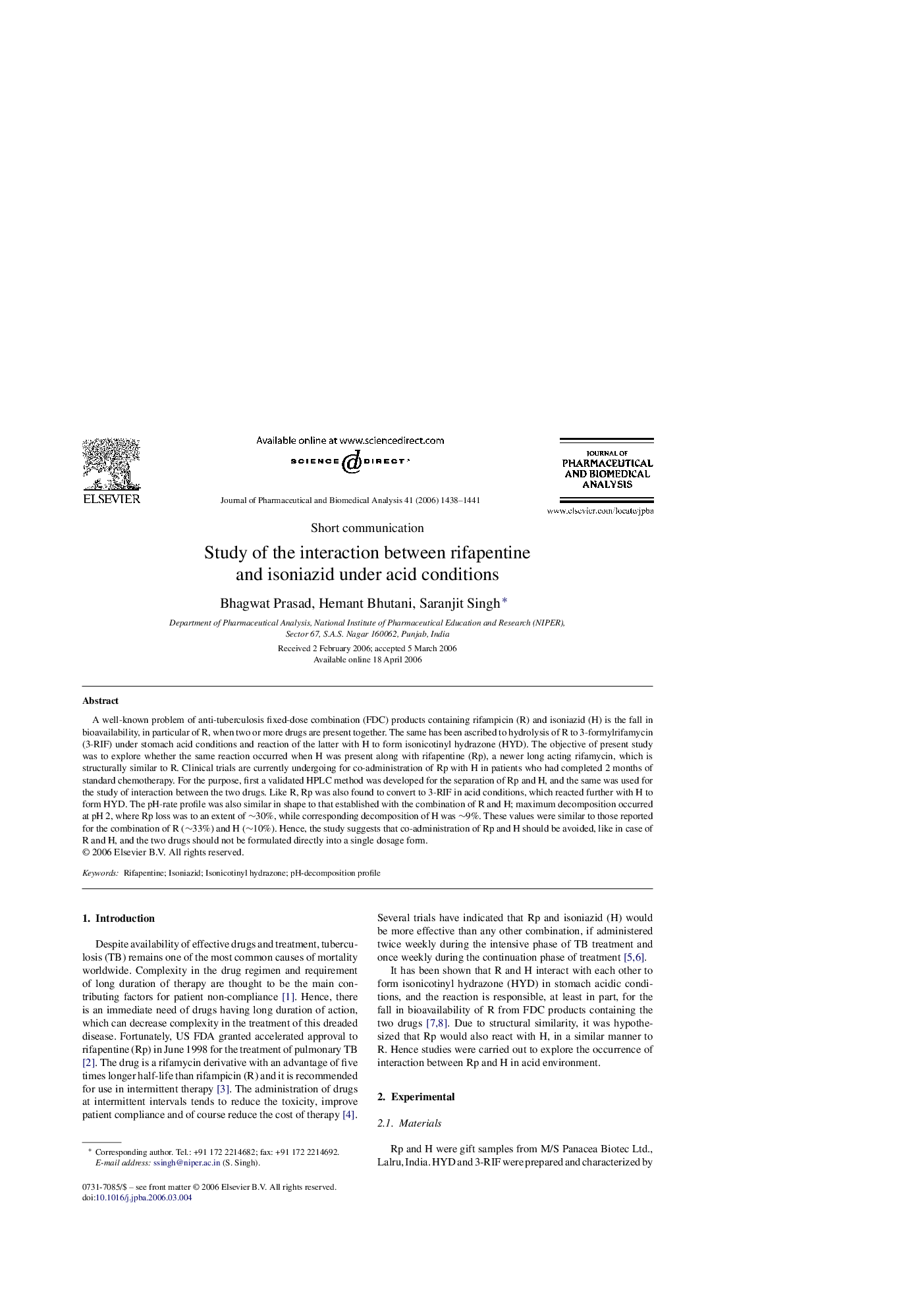 Study of the interaction between rifapentine and isoniazid under acid conditions