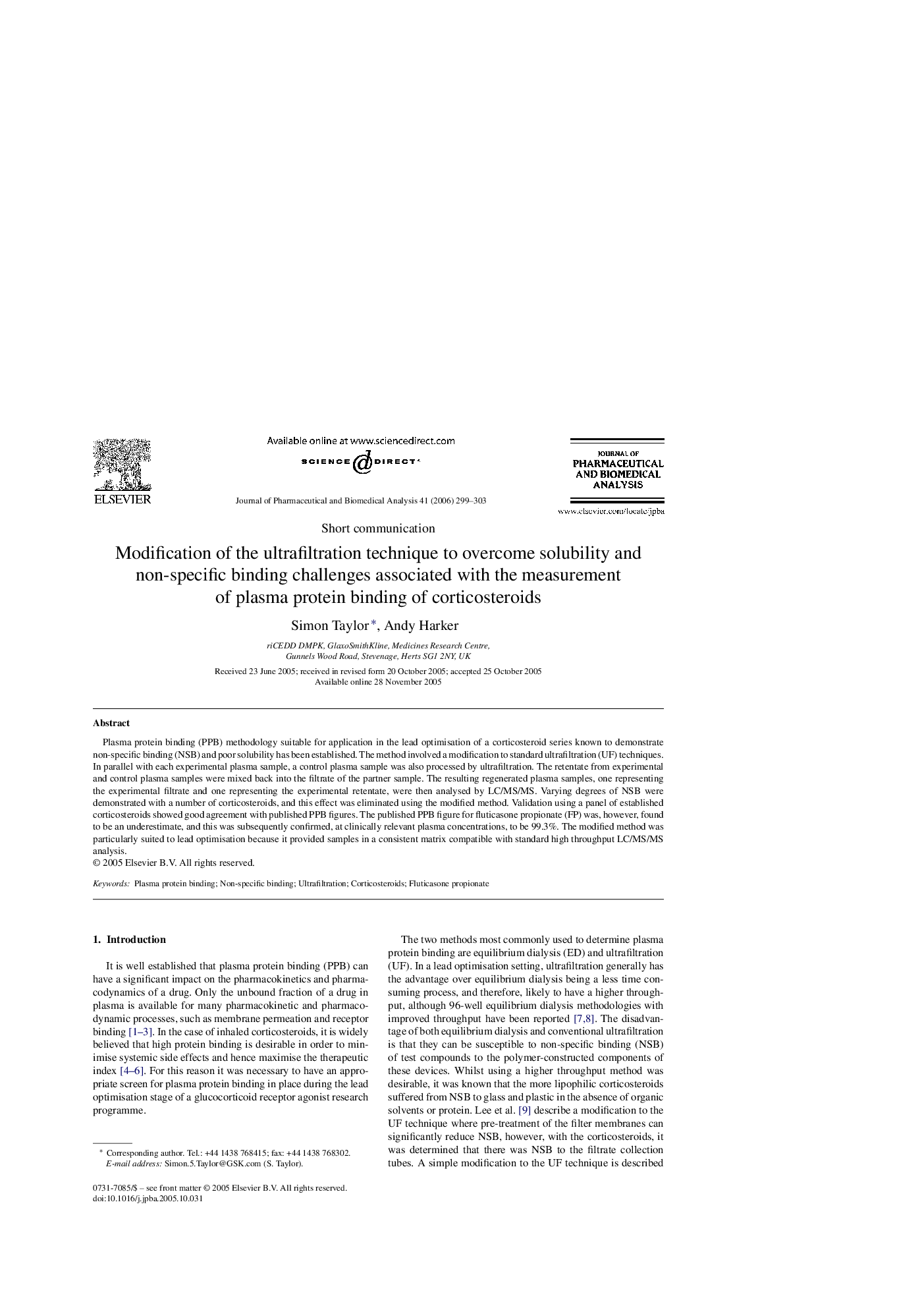 Modification of the ultrafiltration technique to overcome solubility and non-specific binding challenges associated with the measurement of plasma protein binding of corticosteroids