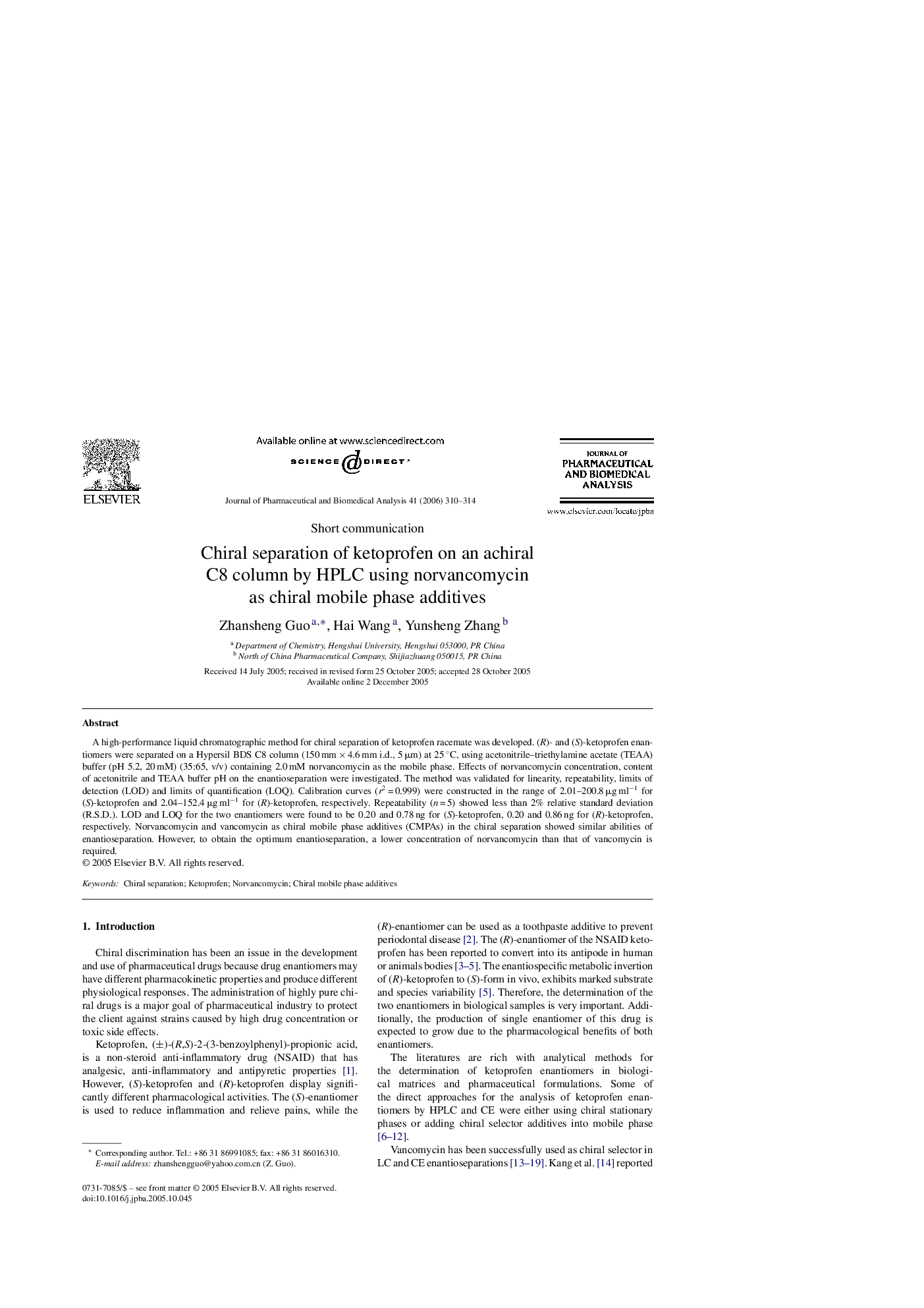 Chiral separation of ketoprofen on an achiral C8 column by HPLC using norvancomycin as chiral mobile phase additives