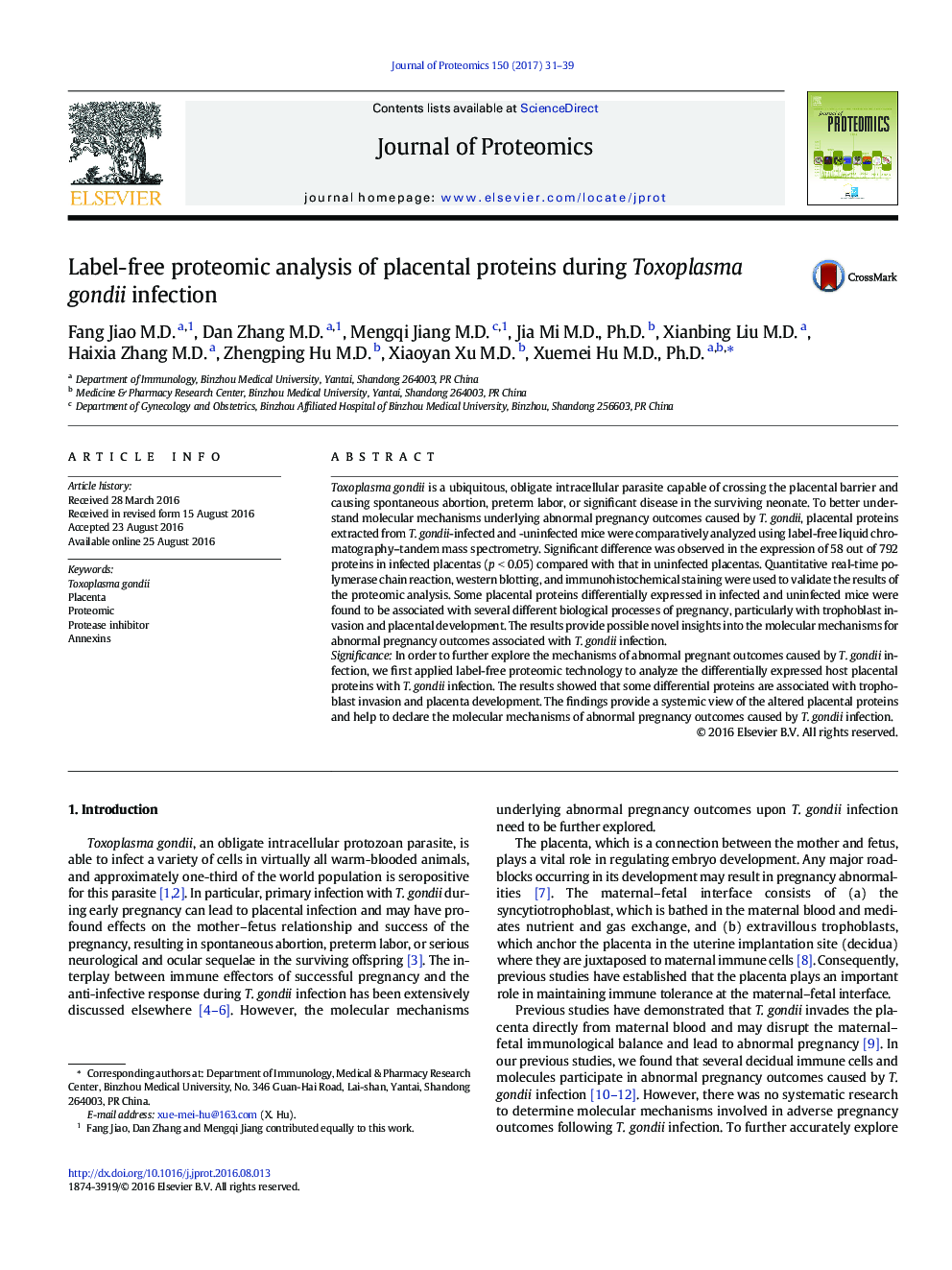 Label-free proteomic analysis of placental proteins during Toxoplasma gondii infection