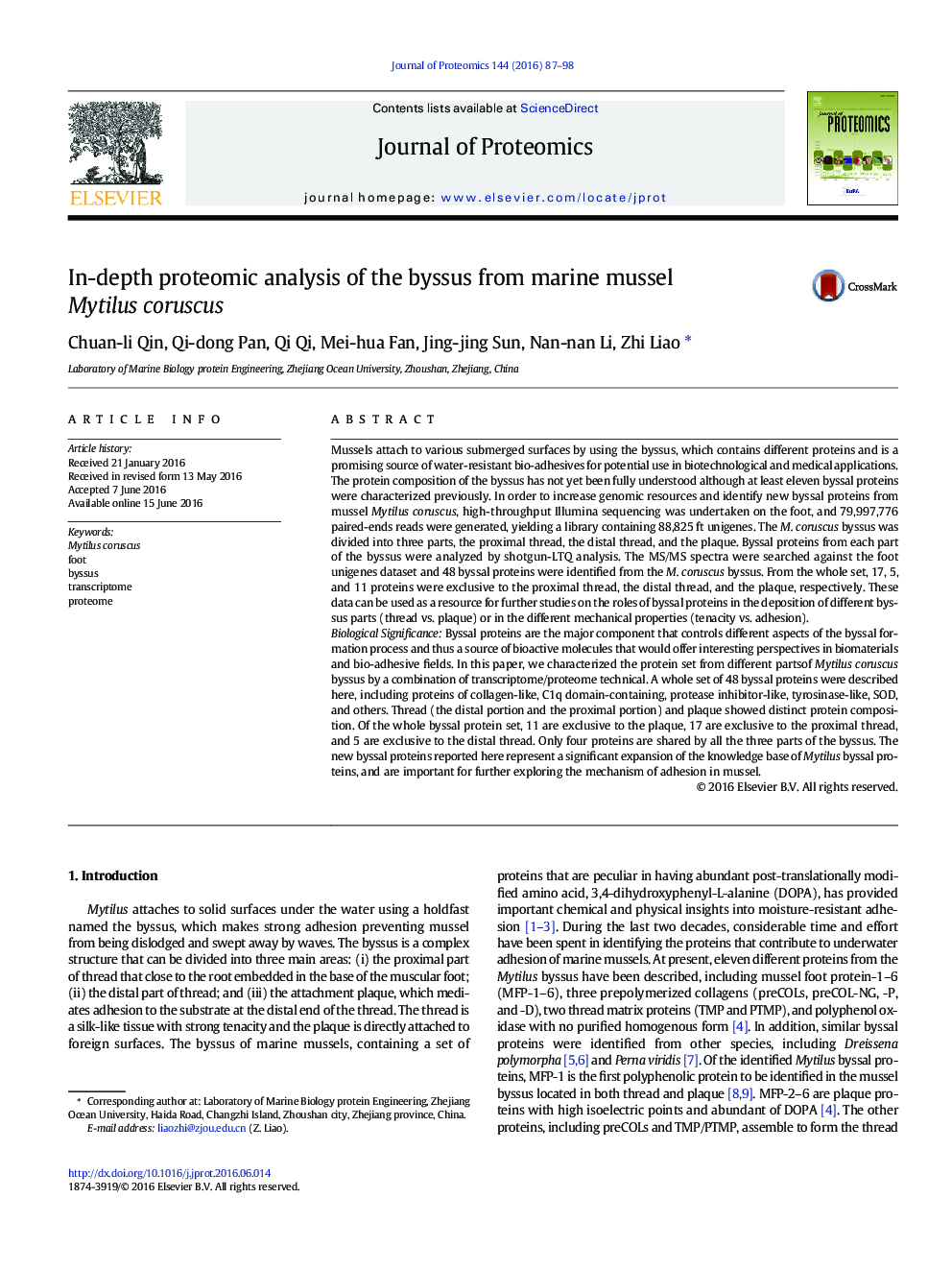 In-depth proteomic analysis of the byssus from marine mussel Mytilus coruscus