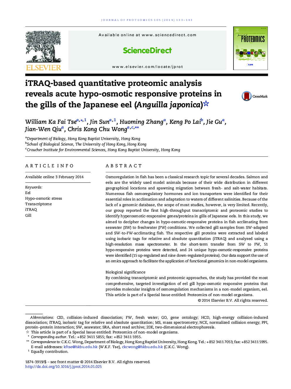 iTRAQ-based quantitative proteomic analysis reveals acute hypo-osmotic responsive proteins in the gills of the Japanese eel (Anguilla japonica) 