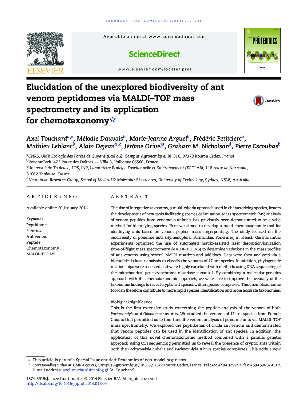 Elucidation of the unexplored biodiversity of ant venom peptidomes via MALDI–TOF mass spectrometry and its application for chemotaxonomy 