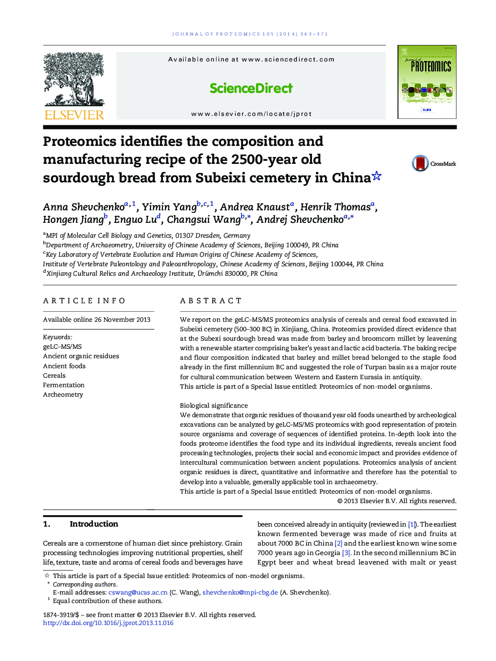 Proteomics identifies the composition and manufacturing recipe of the 2500-year old sourdough bread from Subeixi cemetery in China 