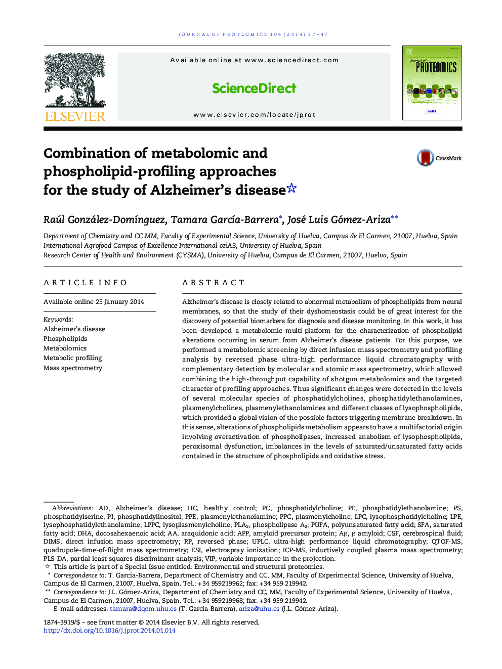 Combination of metabolomic and phospholipid-profiling approaches for the study of Alzheimer's disease 