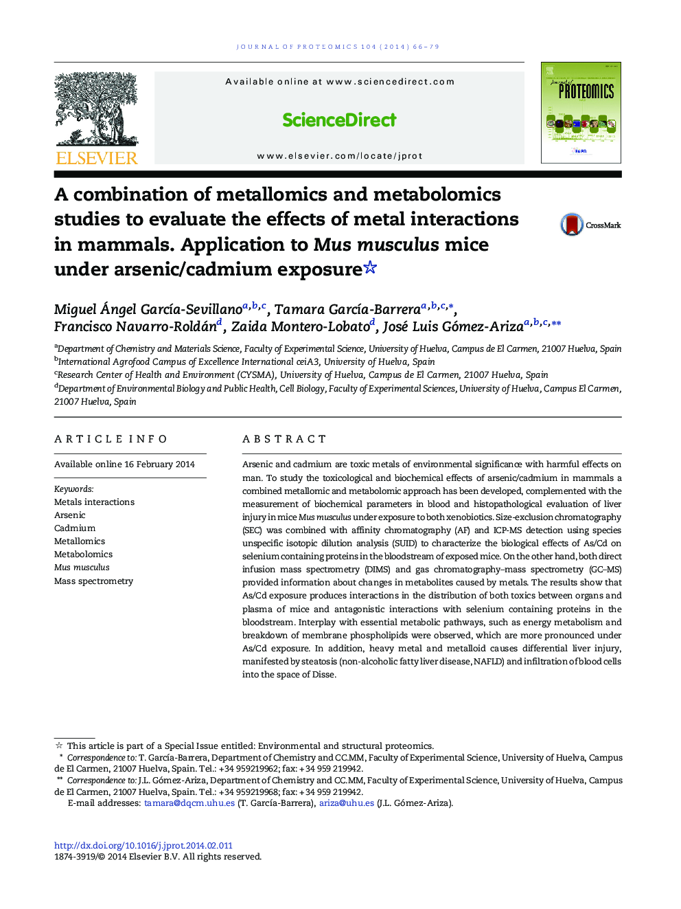 A combination of metallomics and metabolomics studies to evaluate the effects of metal interactions in mammals. Application to Mus musculus mice under arsenic/cadmium exposure 