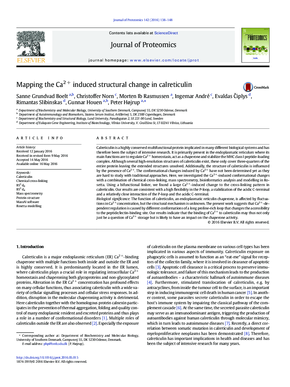 Mapping the Ca2 + induced structural change in calreticulin