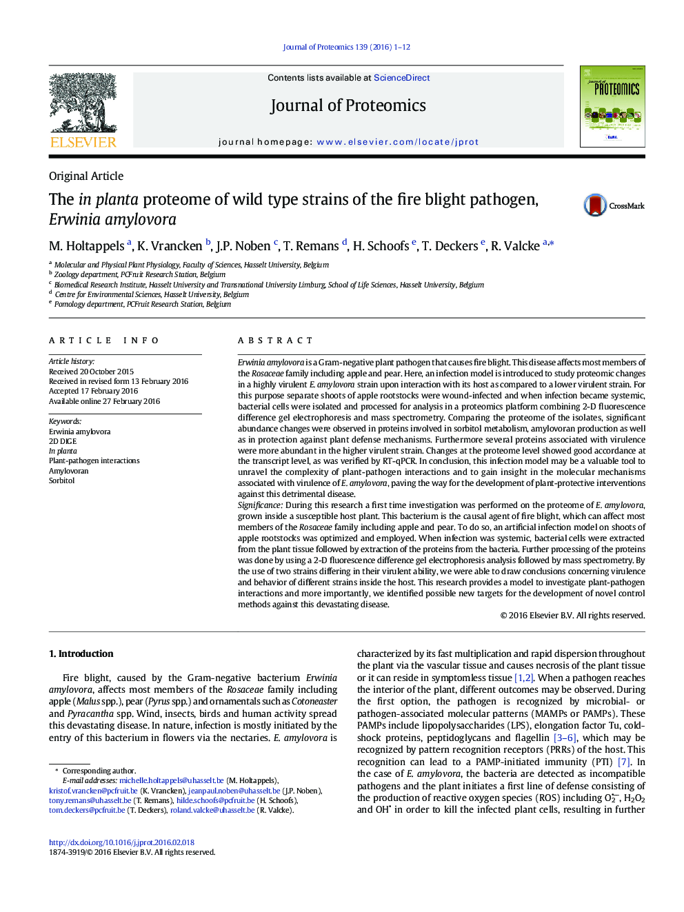 The in planta proteome of wild type strains of the fire blight pathogen, Erwinia amylovora