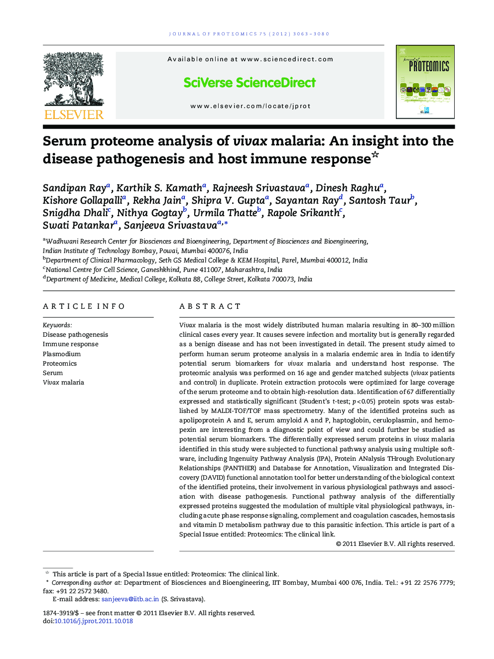 Serum proteome analysis of vivax malaria: An insight into the disease pathogenesis and host immune response 