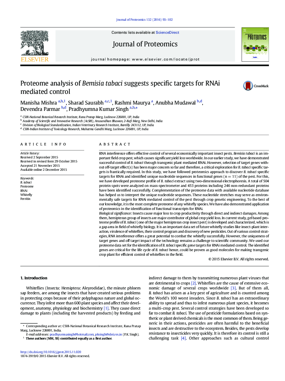 Proteome analysis of Bemisia tabaci suggests specific targets for RNAi mediated control