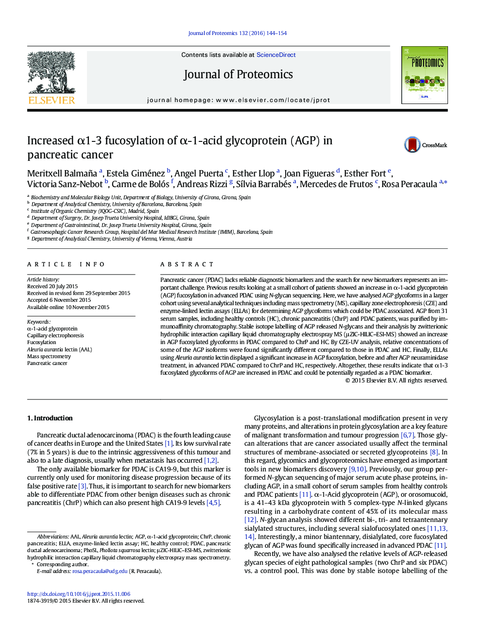 عکس صفحه اول مقاله: Increased α1-3 fucosylation of α-1-acid glycoprotein (AGP) in pancreatic cancer Increased α1-3 fucosylation of α-1-acid glycoprotein (AGP) in pancreatic cancer