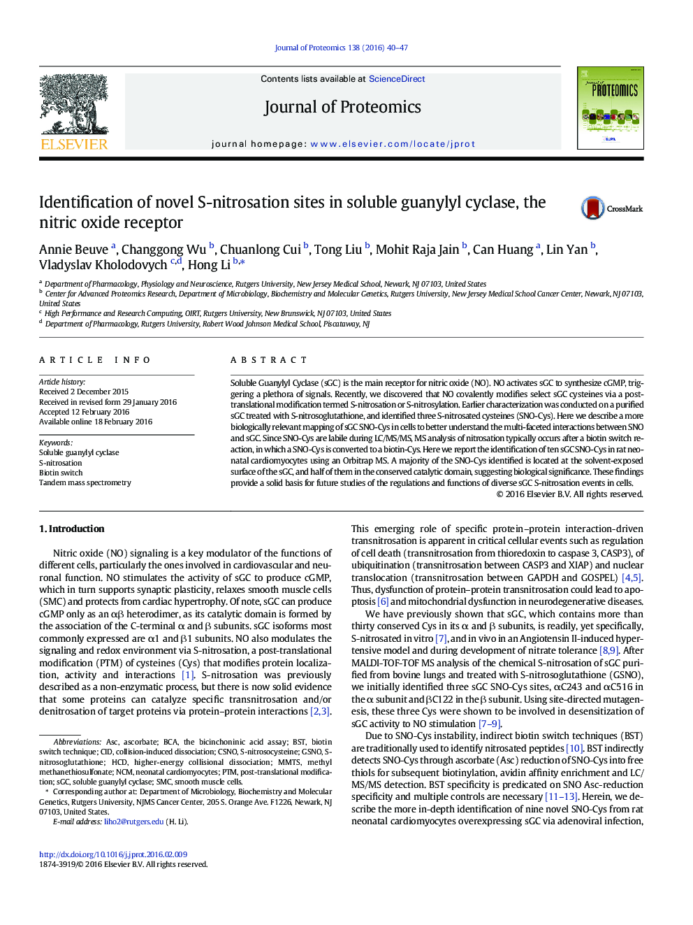 Identification of novel S-nitrosation sites in soluble guanylyl cyclase, the nitric oxide receptor