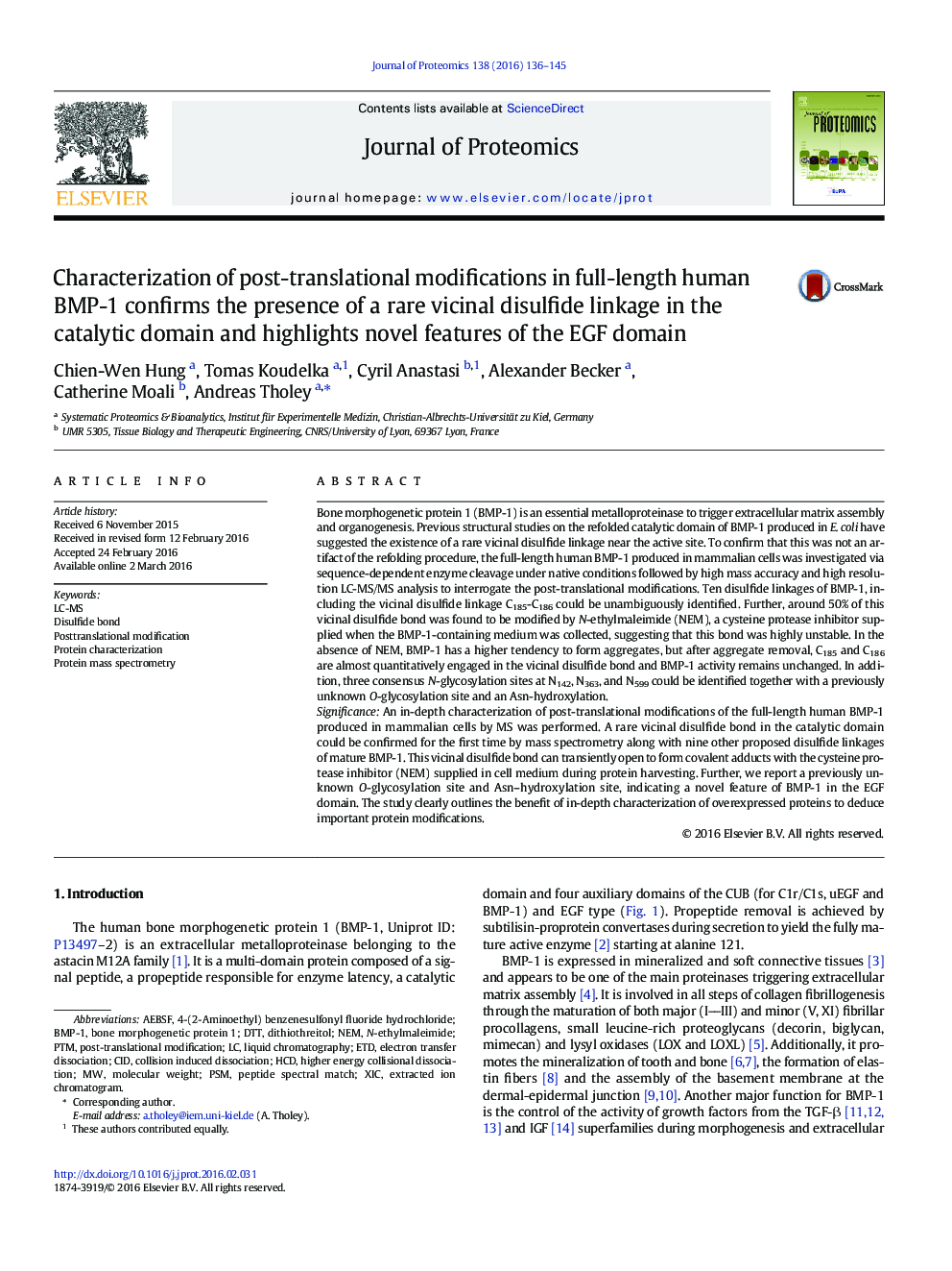 Characterization of post-translational modifications in full-length human BMP-1 confirms the presence of a rare vicinal disulfide linkage in the catalytic domain and highlights novel features of the EGF domain