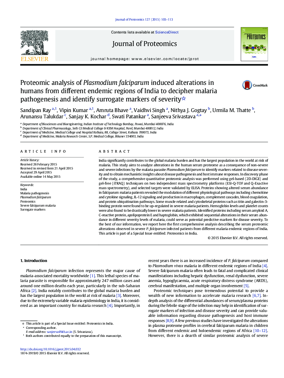 Proteomic analysis of Plasmodium falciparum induced alterations in humans from different endemic regions of India to decipher malaria pathogenesis and identify surrogate markers of severity 