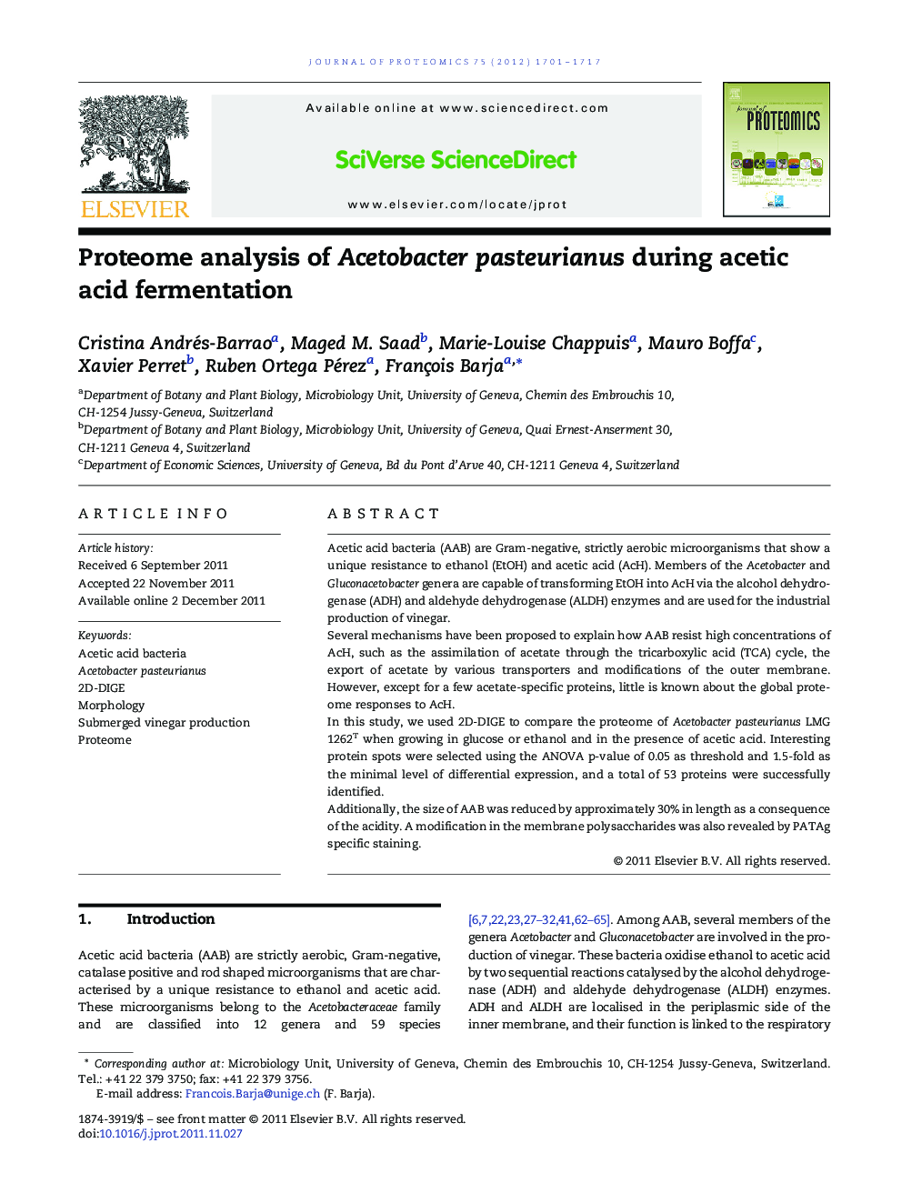 Proteome analysis of Acetobacter pasteurianus during acetic acid fermentation