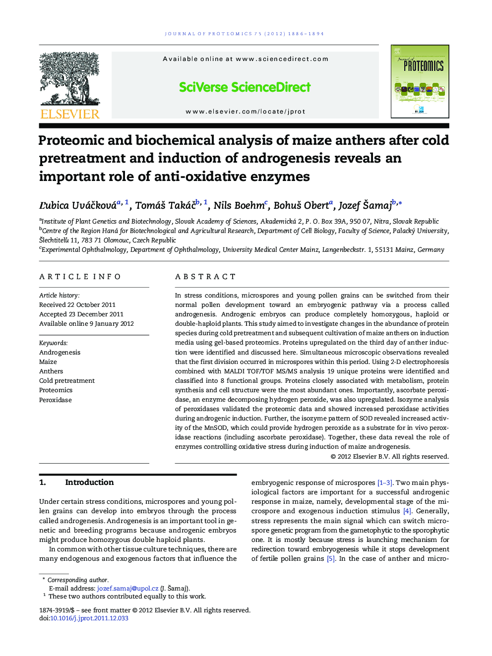 Proteomic and biochemical analysis of maize anthers after cold pretreatment and induction of androgenesis reveals an important role of anti-oxidative enzymes