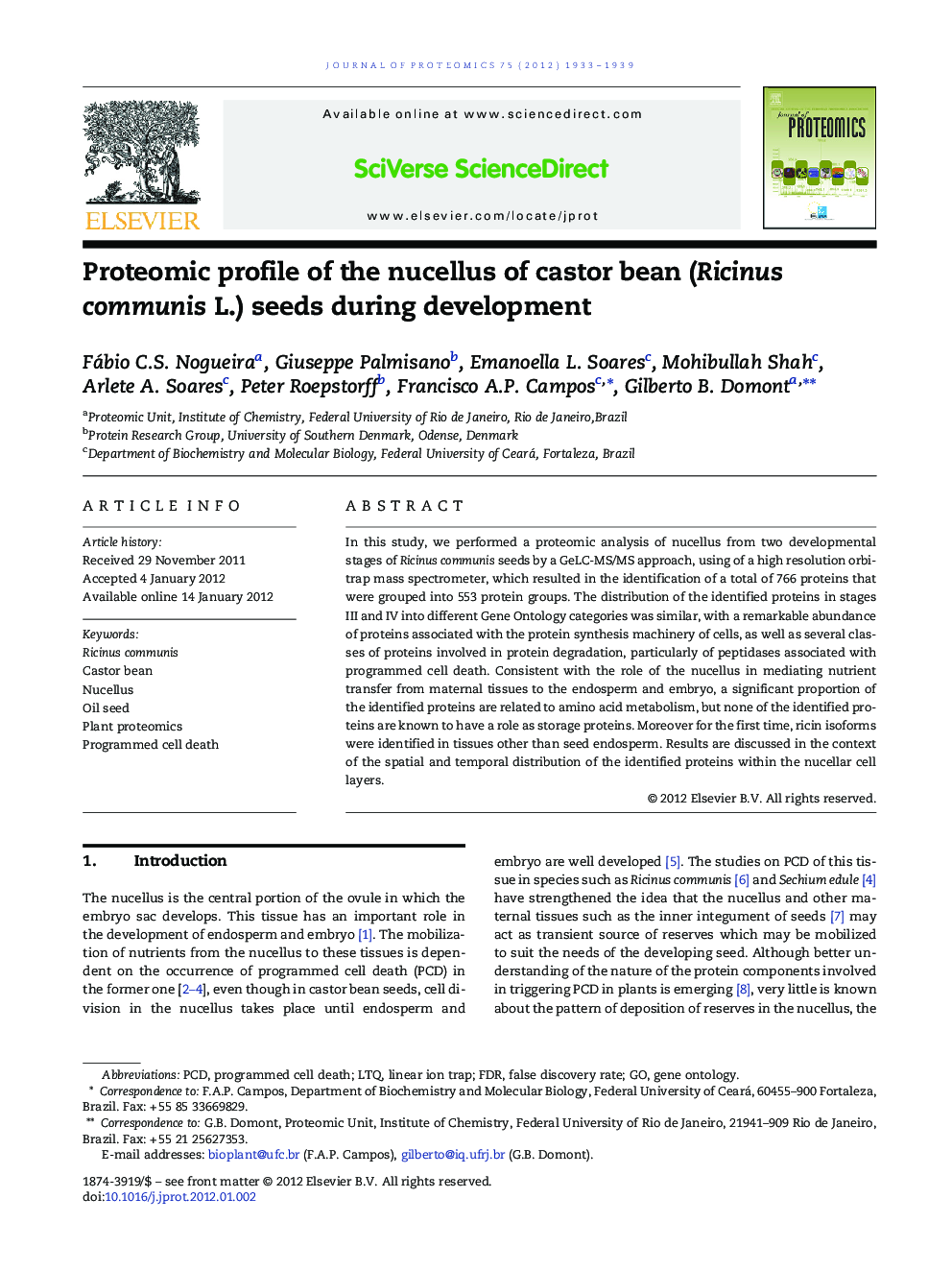 Proteomic profile of the nucellus of castor bean (Ricinus communis L.) seeds during development