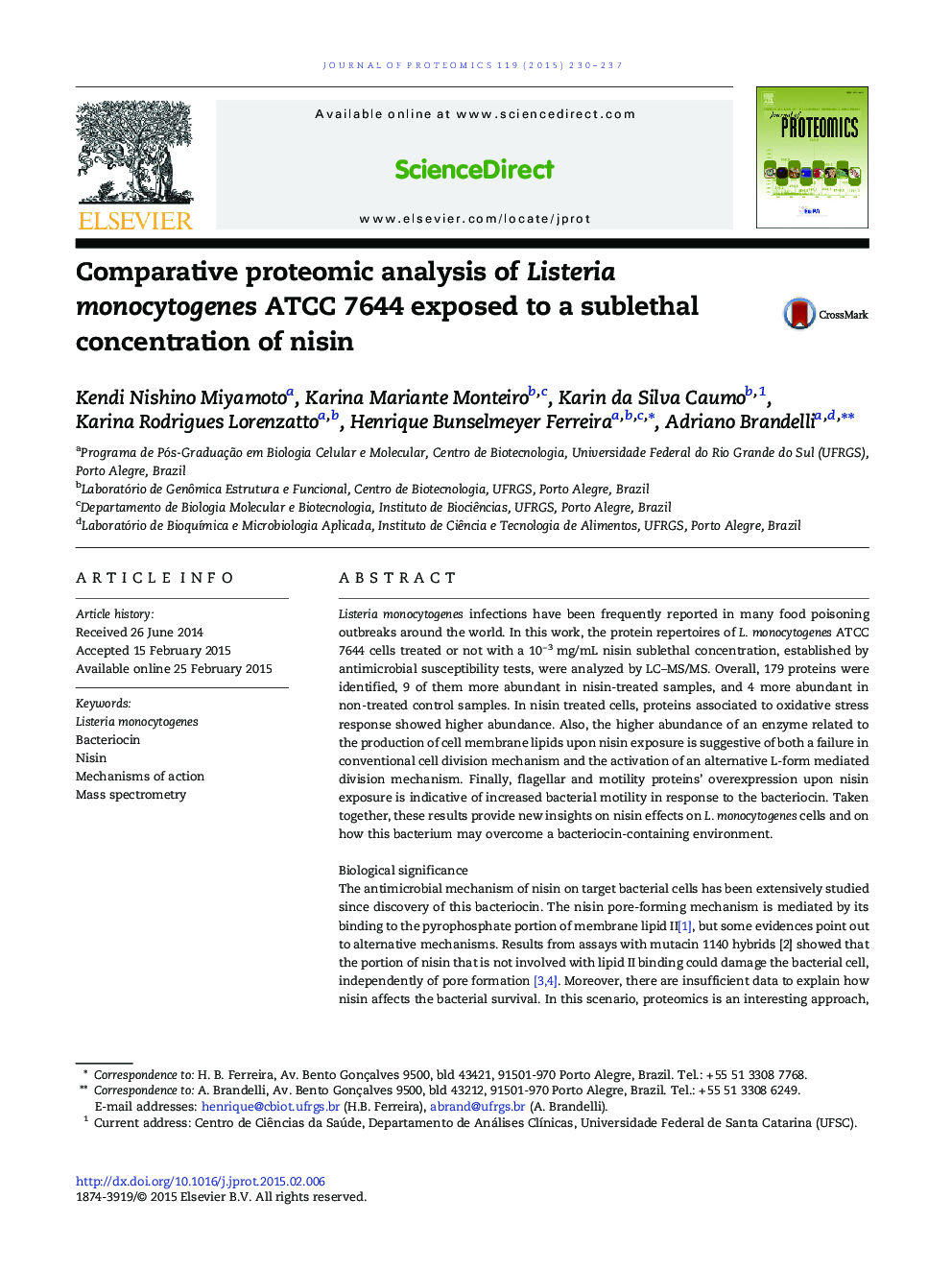 Comparative proteomic analysis of Listeria monocytogenes ATCC 7644 exposed to a sublethal concentration of nisin