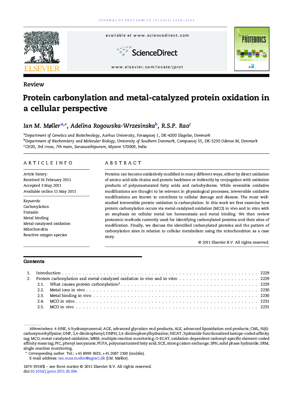 Protein carbonylation and metal-catalyzed protein oxidation in a cellular perspective