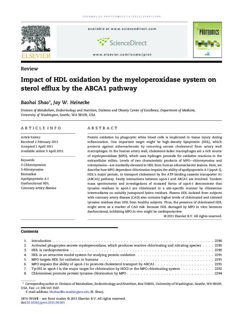 Impact of HDL oxidation by the myeloperoxidase system on sterol efflux by the ABCA1 pathway