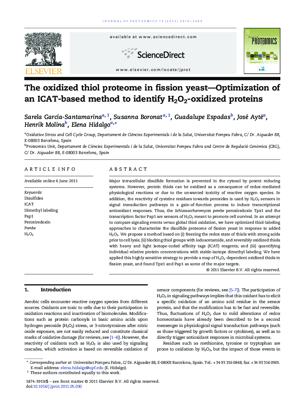 The oxidized thiol proteome in fission yeast—Optimization of an ICAT-based method to identify H2O2-oxidized proteins