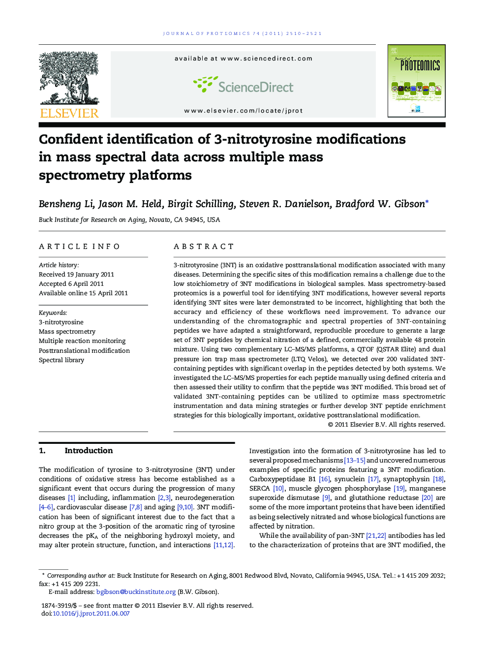 Confident identification of 3-nitrotyrosine modifications in mass spectral data across multiple mass spectrometry platforms