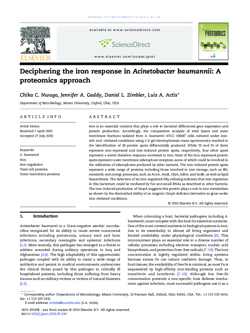 Deciphering the iron response in Acinetobacter baumannii: A proteomics approach