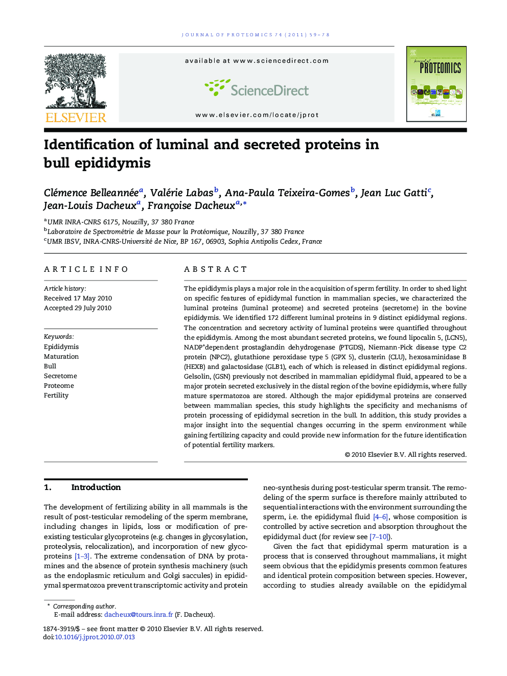 Identification of luminal and secreted proteins in bull epididymis