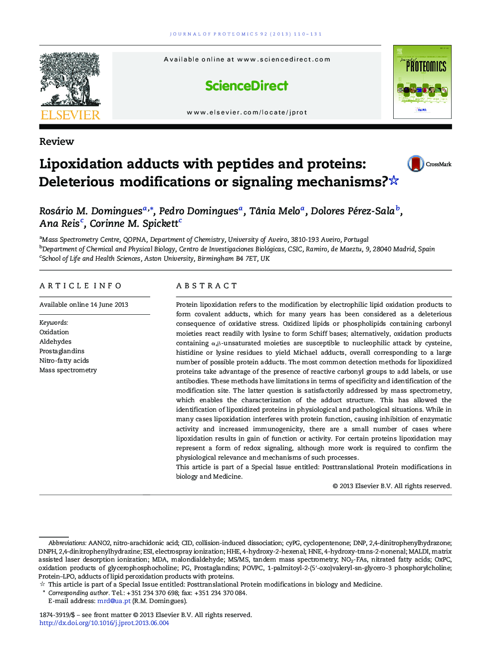 Lipoxidation adducts with peptides and proteins: Deleterious modifications or signaling mechanisms? 