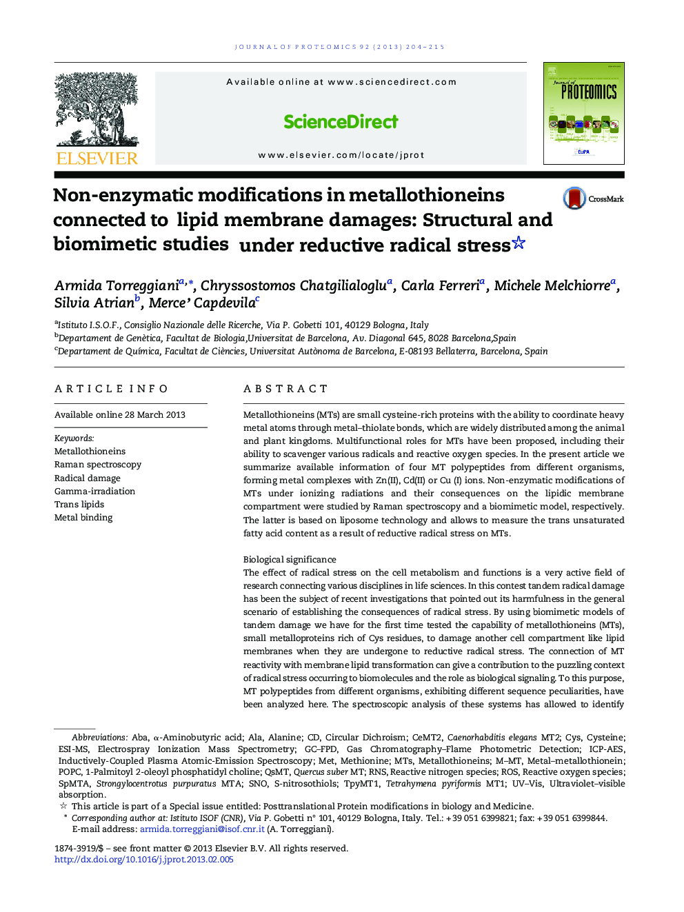 Non-enzymatic modifications in metallothioneins connected to lipid membrane damages: Structural and biomimetic studies under reductive radical stress 