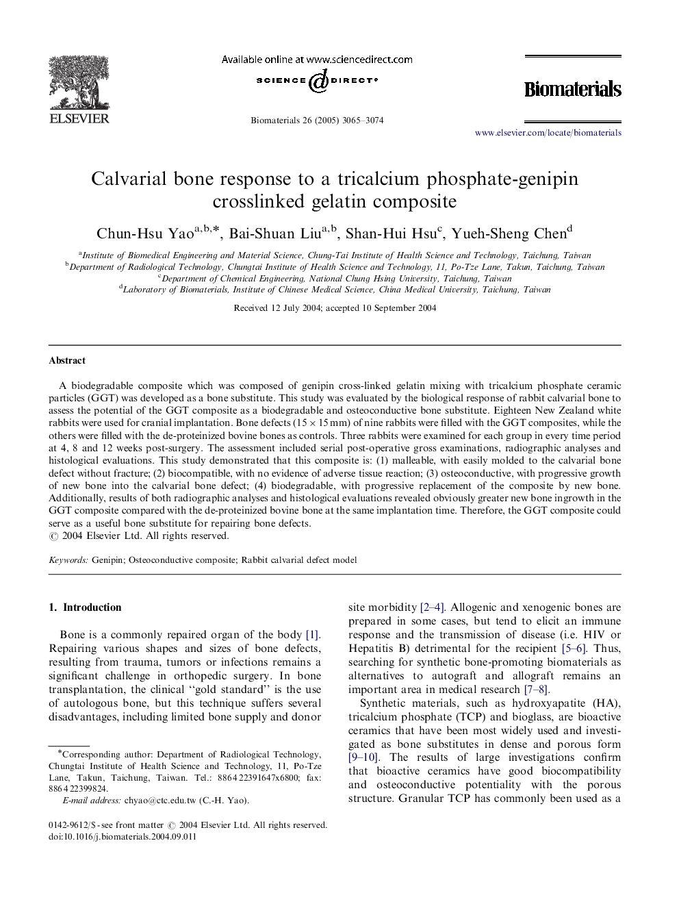 Calvarial bone response to a tricalcium phosphate-genipin crosslinked gelatin composite