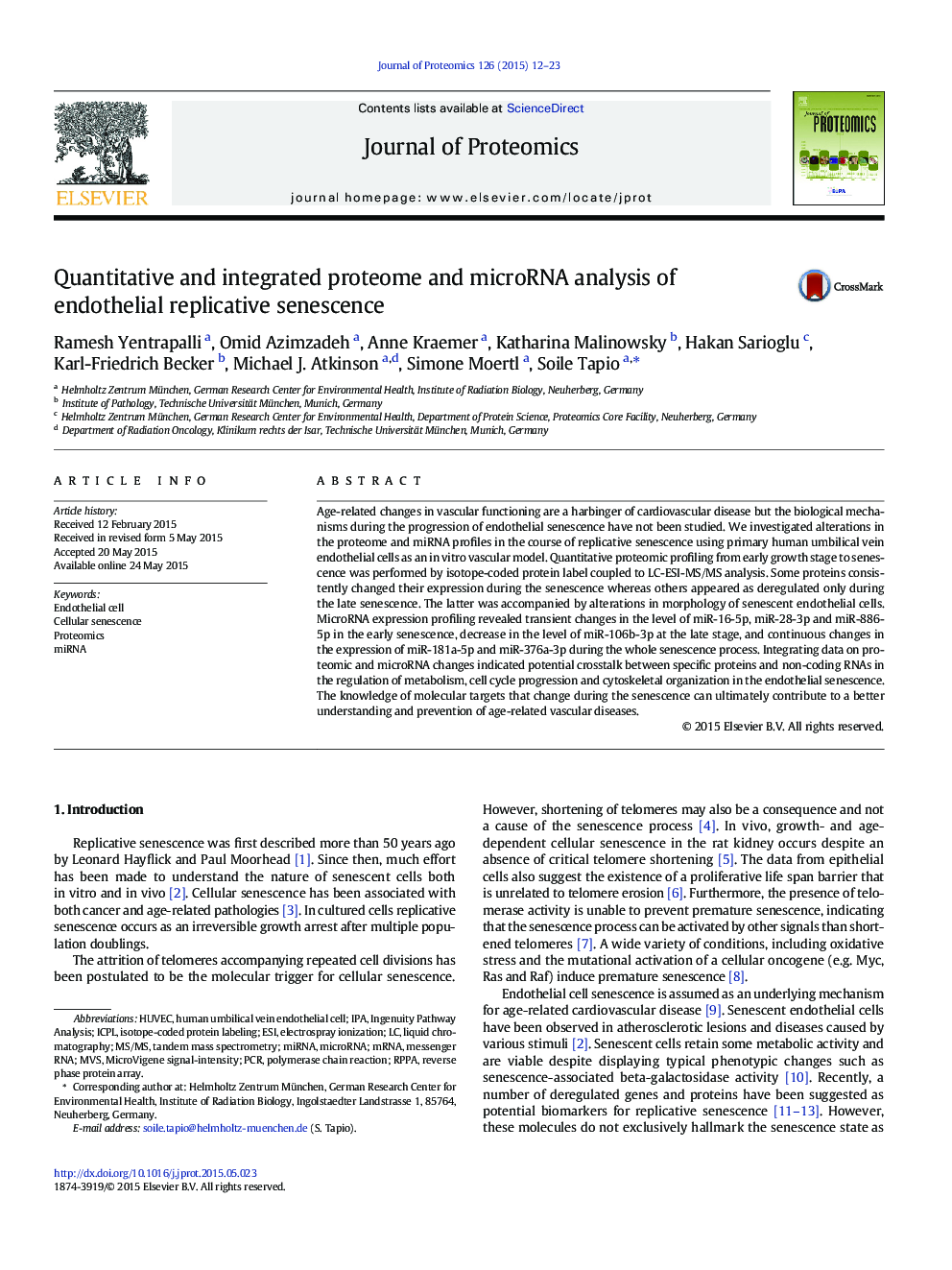 Quantitative and integrated proteome and microRNA analysis of endothelial replicative senescence