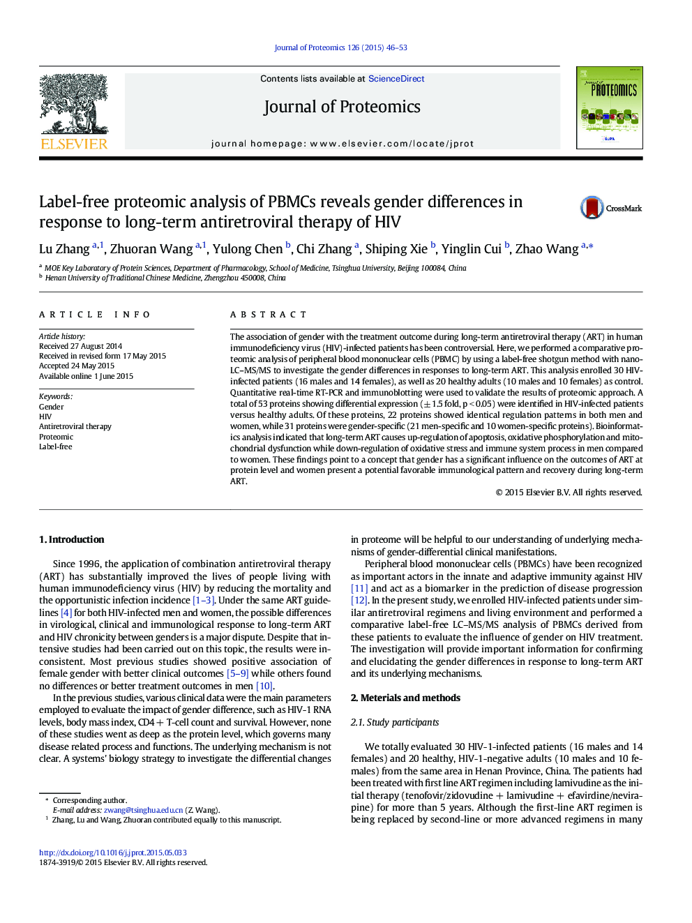 Label-free proteomic analysis of PBMCs reveals gender differences in response to long-term antiretroviral therapy of HIV