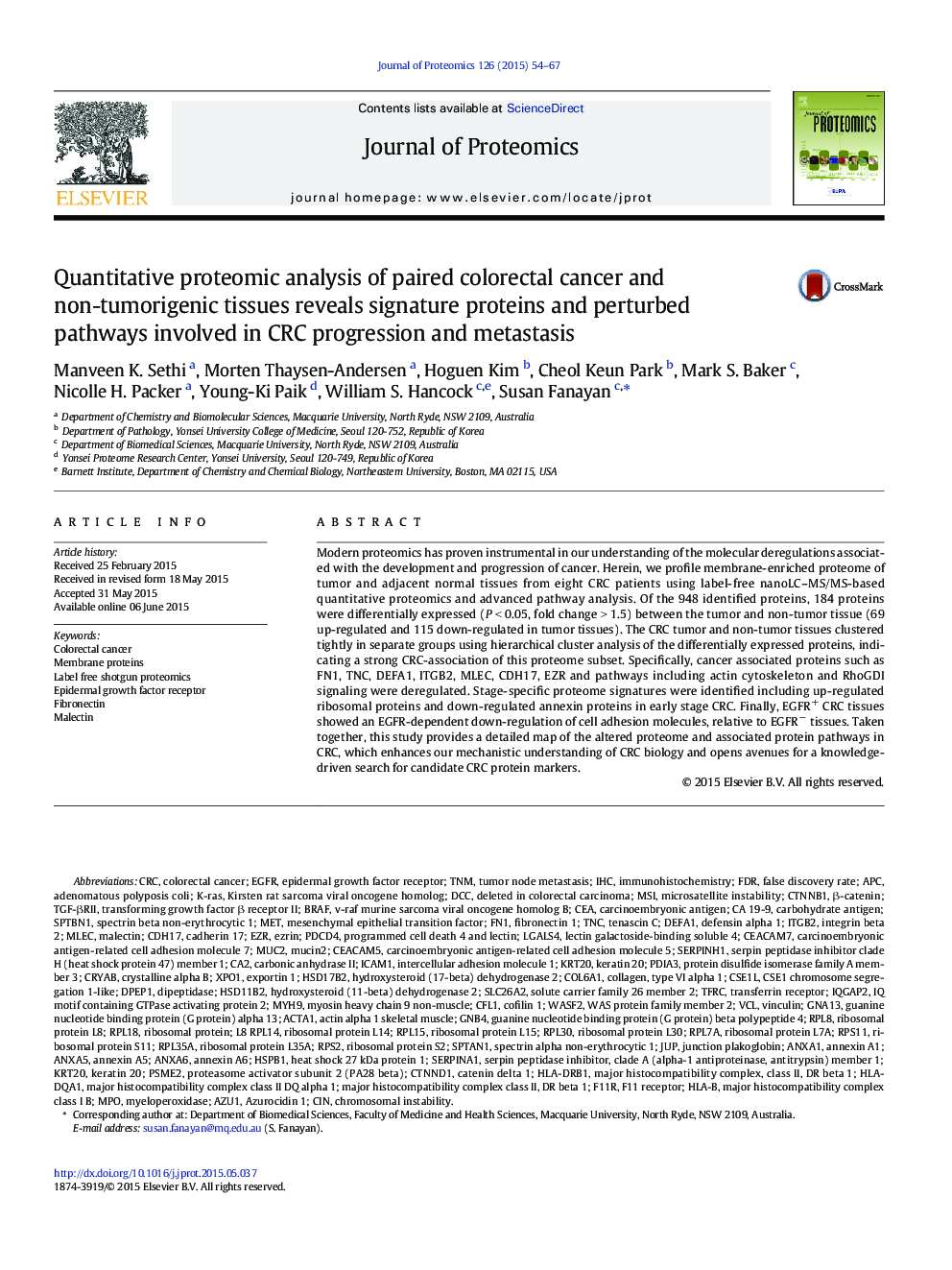 Quantitative proteomic analysis of paired colorectal cancer and non-tumorigenic tissues reveals signature proteins and perturbed pathways involved in CRC progression and metastasis